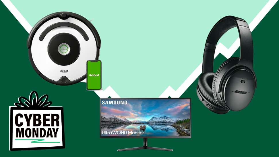iRobot robot vacuum, Samsung monitor and Bose headphones on a green background