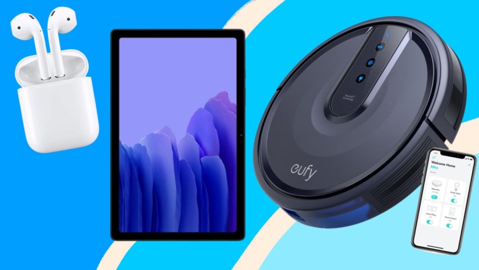 AirPods, Tablet and Eufy robot vacuum against a blue background