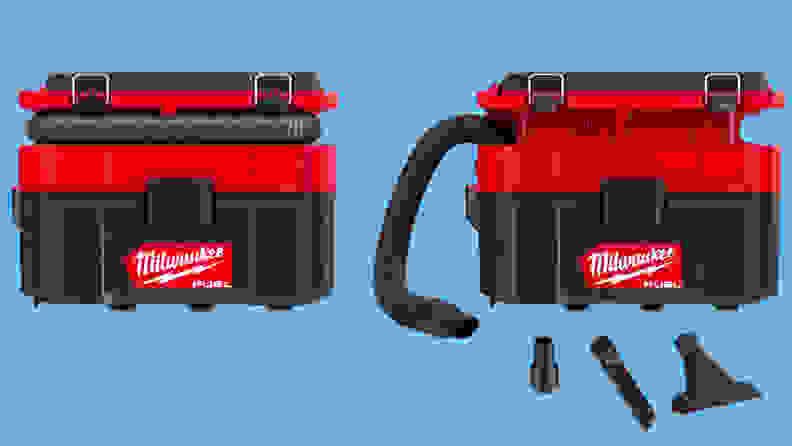Two close-ups of the Milwaukee packout vacuum on a blue background. The leftmost image shows the entire compact package with the hose secured and the attachments stowed away. The rightmost image shows the hose out and a few of the attachments that come bundled with the vacuum.