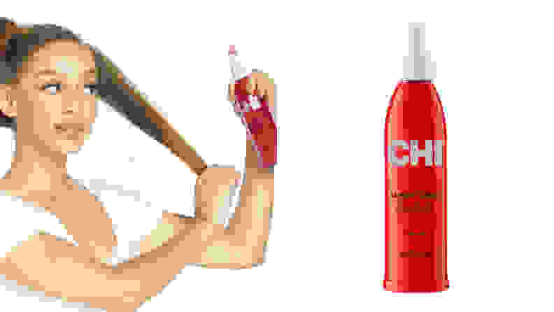 On the left: A person holding out a strand of their hair and spraying a red bottle toward it. On the right: A red spray bottle.