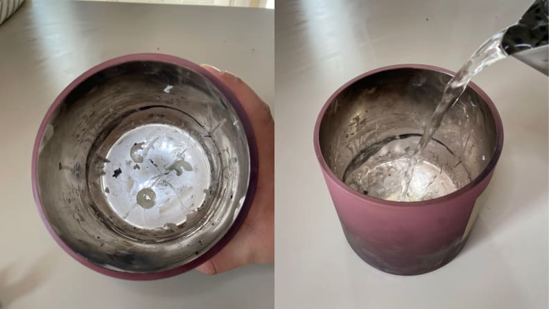 An empty candle container, and then hot water being poured in.
