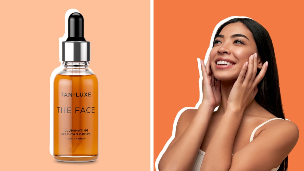 On left, glass bottle of self-tanning serum. On right, person smiling while applying serum onto face.
