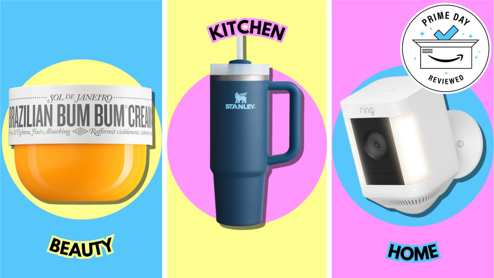 Colorful collage of top Prime Day 2025 deals in beauty, home, and kitchen categories.