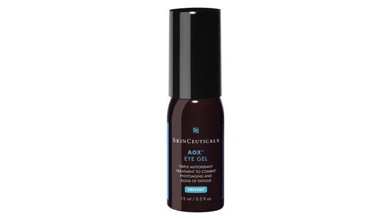 A small, dark brown bottle of eye gel on a white background.
