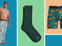 A model showing MeUndies pajamas, a pair of green MeUndies socks, and a pair of MeUndies.