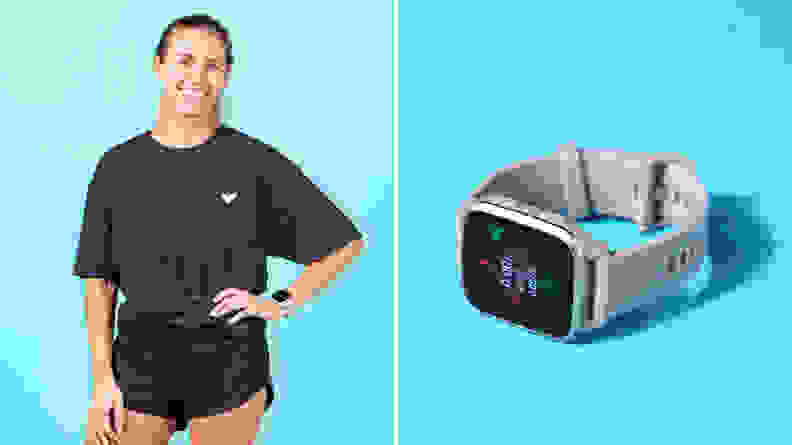 Split image of a person wearing a Garmin Venu Sq 2 and a close-up of the fitness tracker on its side.