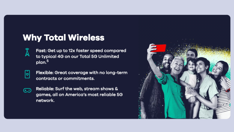 A promotional graphic for Total Wireless highlighting its fast 5G speeds, flexible plans with no contracts, and reliable coverage, alongside an image of a diverse group taking a selfie.