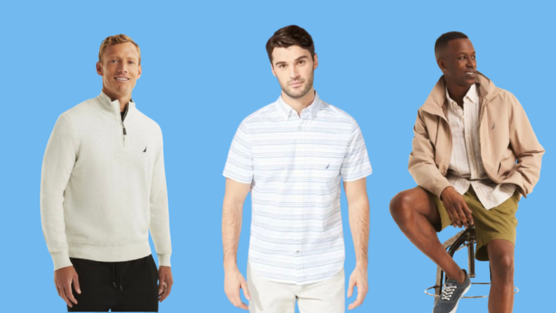 Man wearing white jacket, man wearing white and blue striped t-shirt, and man wearing tan jacket against a blue background