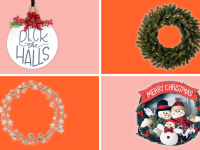 A variety of holiday wreaths against an orange and pink background.