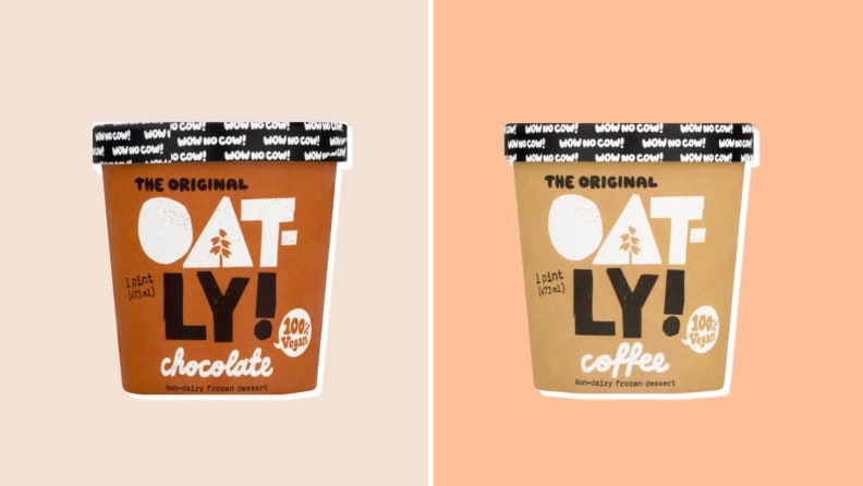 Two pints of dairy free ice cream from Oatly side by side.