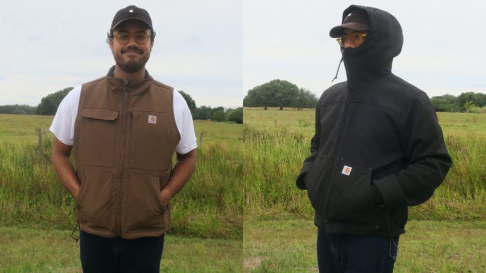 Man standing with brown Carhartt Super Dux vest, man standing in Carhartt Super Dux jacket.
