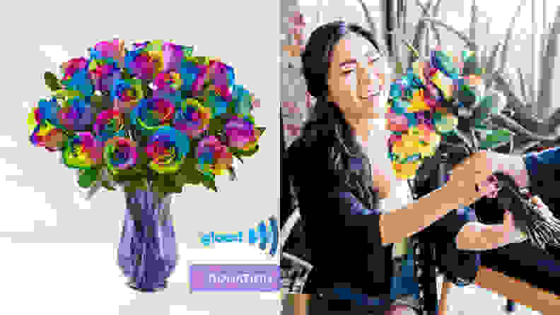 A split image of a 1-800-Flowers Pride bouquet, featuring rainbow-tinted roses, and a human holding the bouquet in their grip.