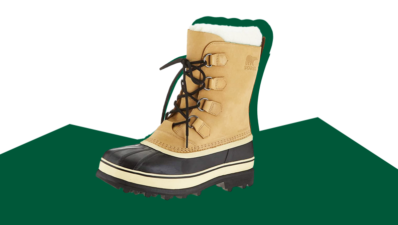 Sorel men's winter boots over a green and white illustration.