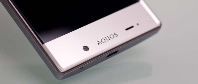 A photo of the bottom of the front of the Sharp Aquos Crystal.