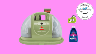 The Bissell Little Green Portable Carpet Cleaner against a pink background