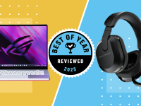 Yellow and blue background with Asus laptop and Turtle Beach headset in front of a badge with Best of Year 2025 Reviewed on it