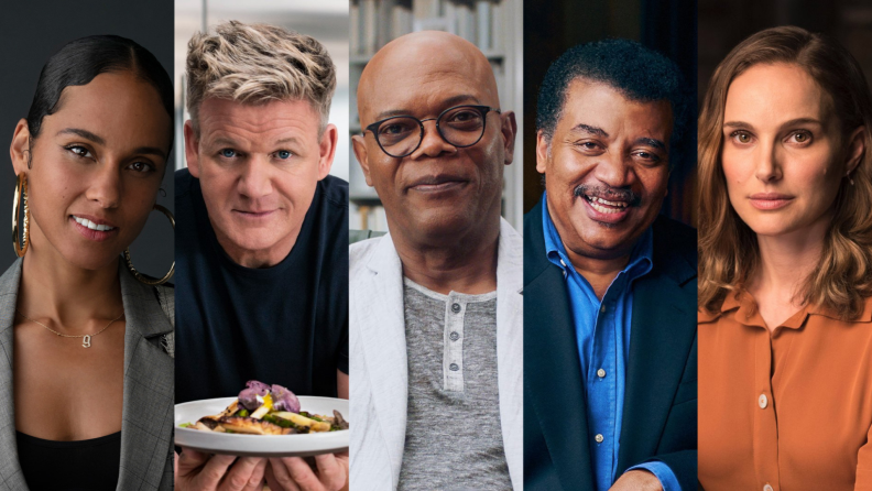 Promo shot of Alicia Keys, Gordon Ramsay, Samuel L. Jackson, Neil deGrasse Tyson and Natalie Portman all next to each other