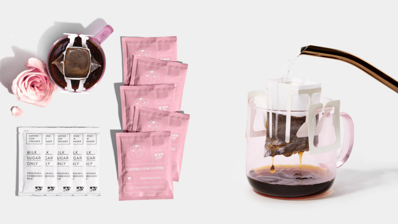 On the left, everything included in the Copper Cow rose latte Vietnamese coffee set is on display, including coffee packets and condensed milk. On the right, a person is demonstrating how to use the packets to make pour-over coffee.