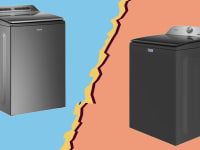 Whirlpool WTW8127LC  and Maytag Pet Pro MVW6500MBK washing machines side by side on a torn paper background