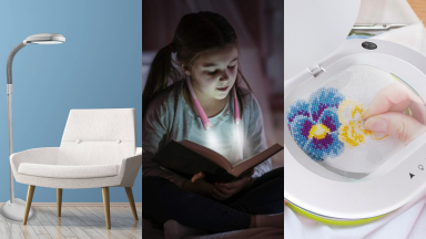 (1) A white arm chair sits in a living room next to a floor lamp. (2) A child reads in the dark with an adjustable reading lamp around their neck. (3) A person Zooms on an embroidery pattern.