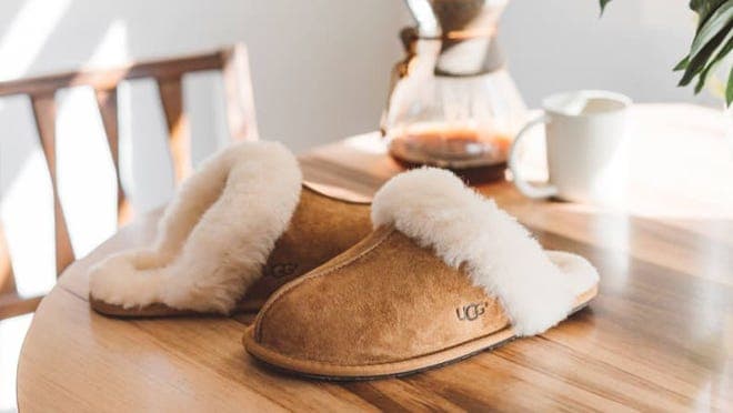 Fur-lined slippers on top of table.
