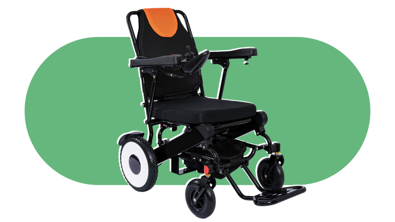 A Move Lite Folding Power Chair on a colorful background