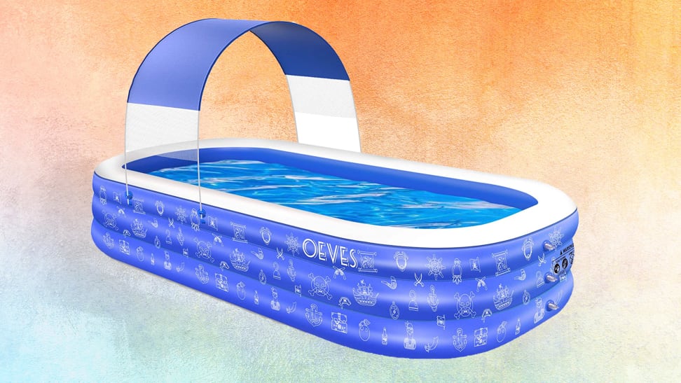 A blue inflatable swimming pool against a gradient background.