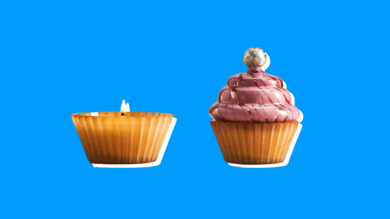 Cupcake Gourmand Glass Candle on a blue background.