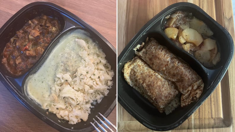 Two BistroMD meals that don’t look very appealing in their black divided trays.