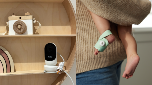 Photo collage of the Owlet Cam on a hanging wooden shelf next to other wooden toys and a parent holding a small infant with the Owlet Sock Monitor on its foot.