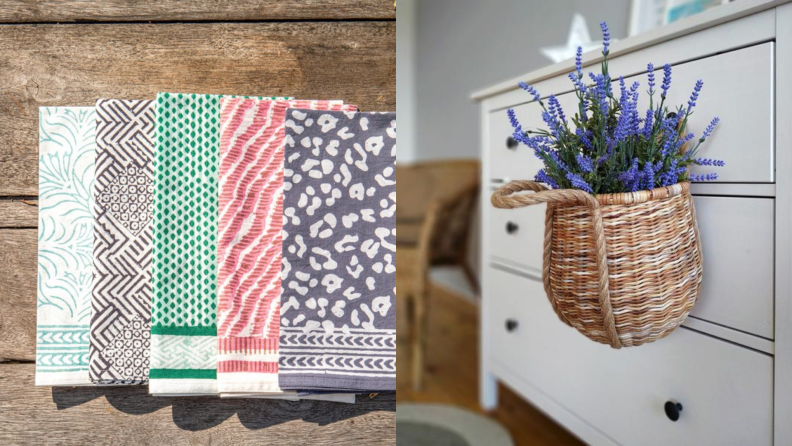 Shabby chic is more cloistered in its look, while cottagecore is about being more connected to nature and tangible experiences. Home décor pieces, like Kerry Cassill's cloth napkins and handmade straw baskets, can help you achieve this look.