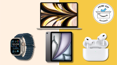 Collage of Apple Watch, MacBook Air, iPad, and AirPods Pro against split background with “Prime Day Reviewed” badge, showcasing Prime Day Apple deals.