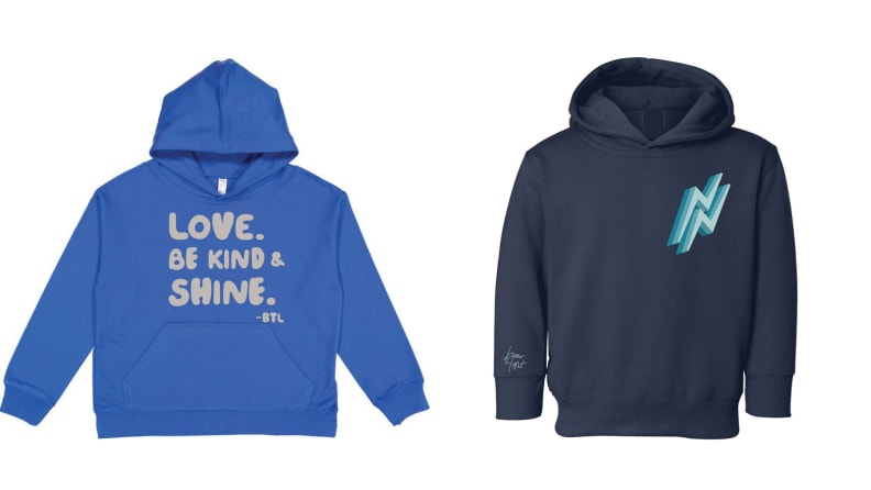 On the left a blue hooded sweatshirt. On the right: A navy blue hooded sweatshirt with a lightening bolt