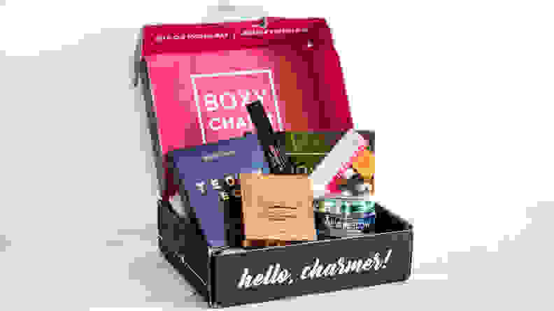A cardboard box containing beauty products.