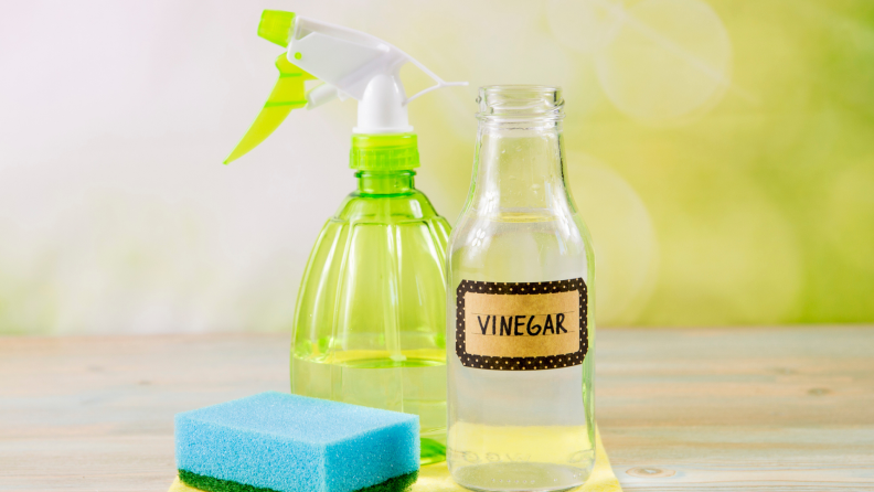 A home cleaning kit with a spray bottle of water, a bottle of vinegar and a sponge.