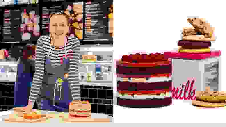 Side-by-side image of Christina Tosi and her Milk Bar products.