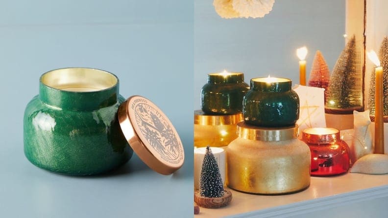 green candle on grey/blue background