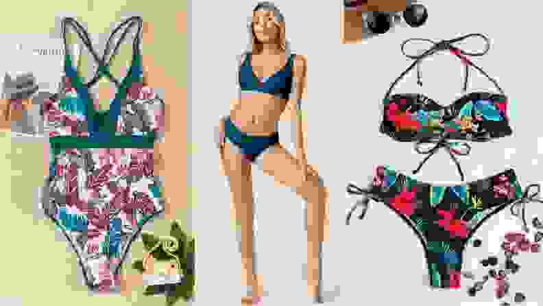 A one-piece tropical-print swimsuit (left), a model wearing a teal bikini (middle), a floral-print bikini (right)