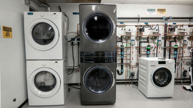 The Electrolux ELTE7600AT laundry center sits in the Reviewed lab for testing; it is shown with multiple other appliances and a wall of pipes.