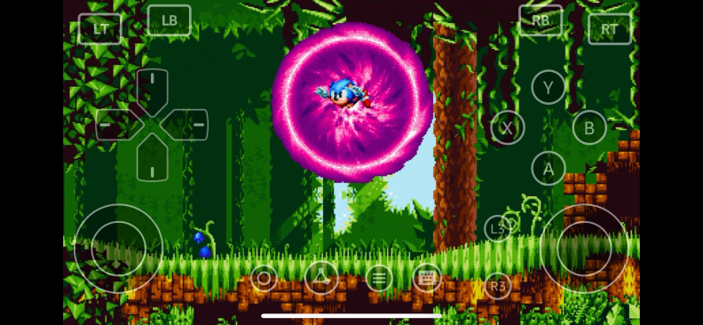 A screenshot of Sonic Mania on Amazon Luna, using Amazon's built-in touch controls.