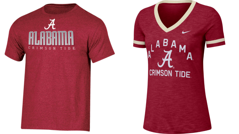 Men's Alabama tee next to a women's Alabama tee