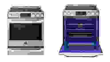 A side by side image of an electric range with its door open, and one with it closed.