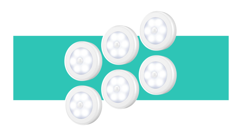 The Amir Motion Sensor Lights in front of a white and green background.