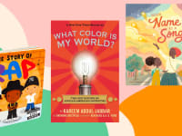 Three books on a pink, green, and orange background.