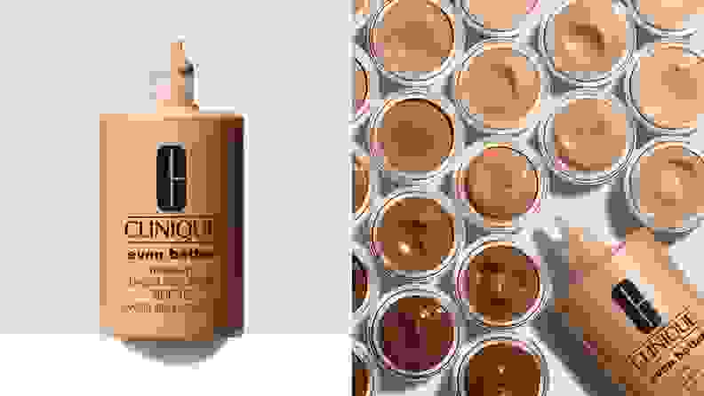 On left, cream colored foundation from Clinique. On right, different shades of Clinique foundation from light to dark next to bottle.