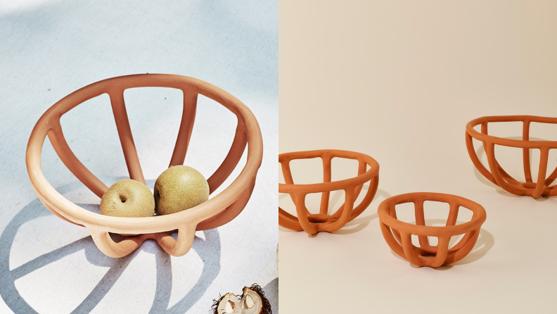 Left: a Prong terracotta fruit bowl with two small fruits, Right: three empty Prong fruit bowls