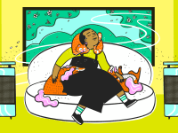 An illustration showing a person of color sitting on a white sofa with three orange pets and two air purifiers
