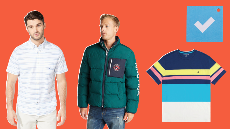 Man in Nautica polo, man in jacket, multi-color t-shirt.