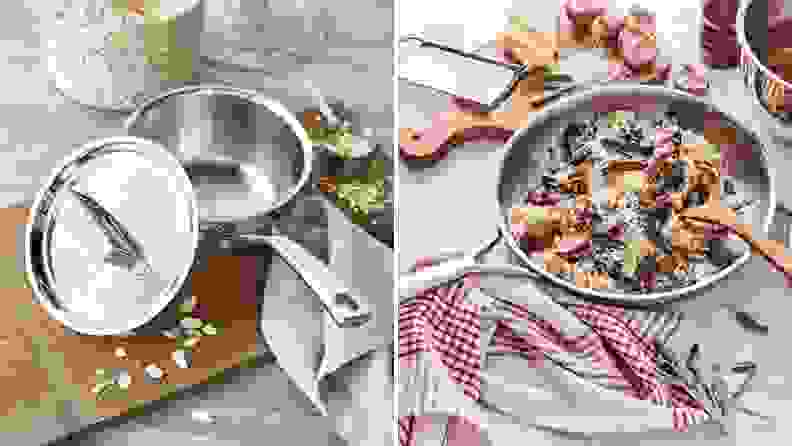 On left, Sur La Table saucepan on wooden cutting board with scattered oats surrounding. On right, a Sur La Table skillet with mushroom risotto inside, sitting on a countertop.