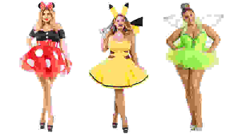 Three women standing next to each other wearing sexy costumes of minnie mouse, pikachu, and tinker bell